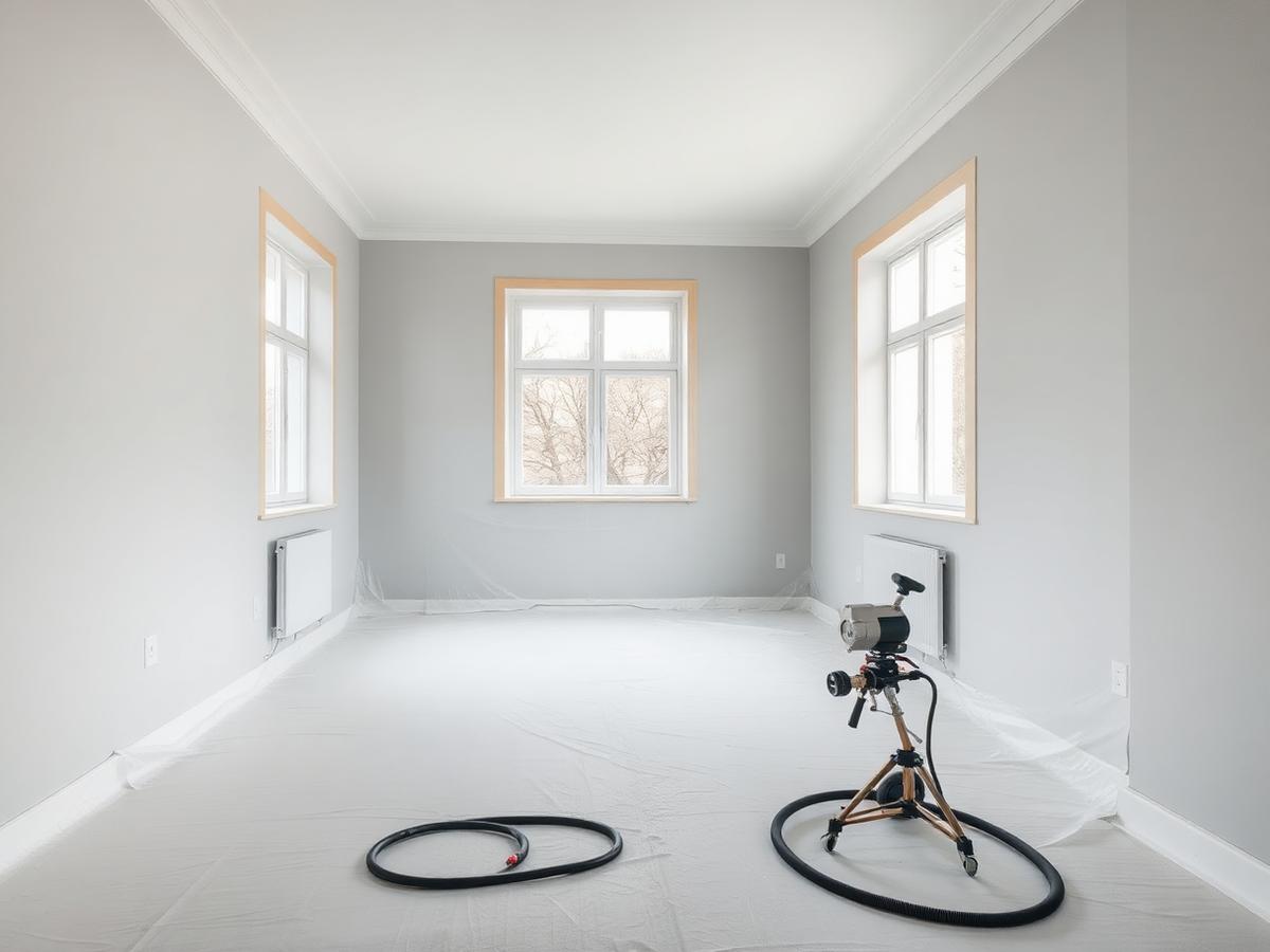 Ruimte afgeplakt en voorbereid op spuitwerk met airless apparatuur