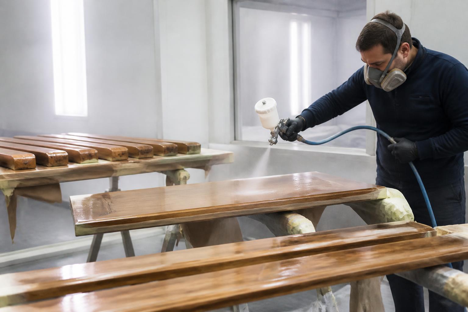 Houten interieurdelen worden in een spuitcabine afgewerkt